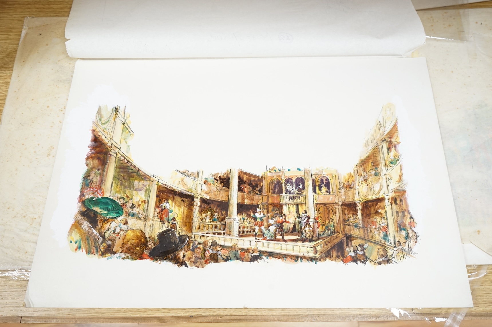 Gordon King, a collection of original illustrations for 'One day in Shakespeare's England' to include a copy of William Shakespeare's signature, The Globe Theatre and figures in 17th century dress, largest 45 x 95cm, unf